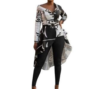 #A295 FOR HER NYC BLACK WHITE ABSTRACT PRINT MONOCHROME CHIC  BELTED TUNIC NWT L